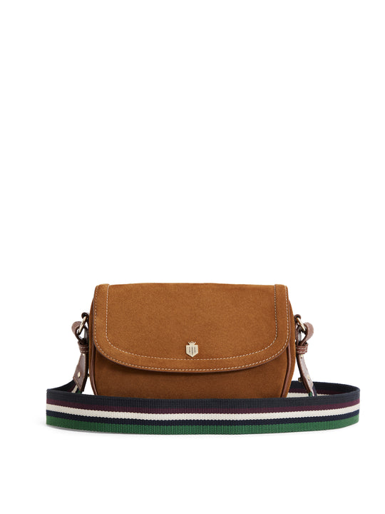The Boston - Women's Cartridge Bag - Tan Suede & Striped Webbing