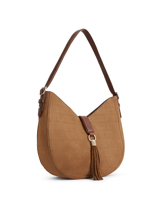 The Langham Hobo Bag - Tan Croc Print Suede