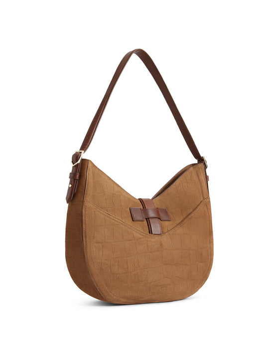 The Langham Hobo Bag - Tan Croc Print Suede