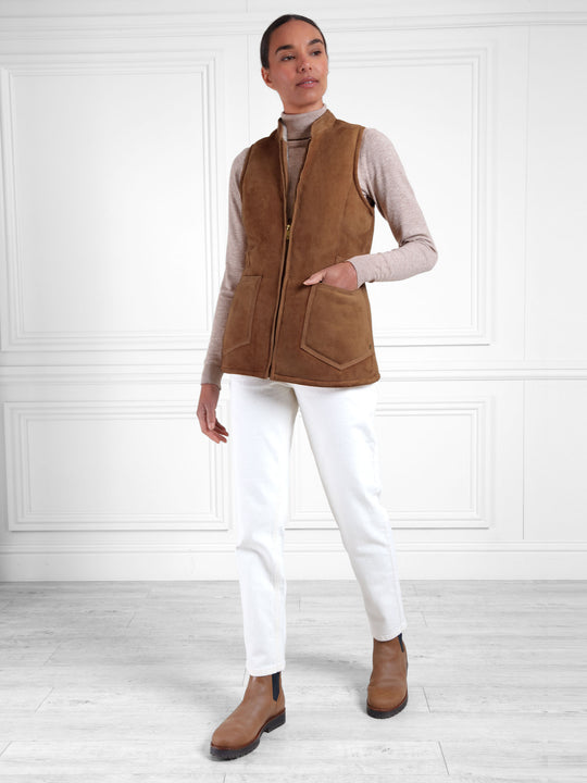 The Matilda - Women's Shearling Lined Gilet - Tan Suede