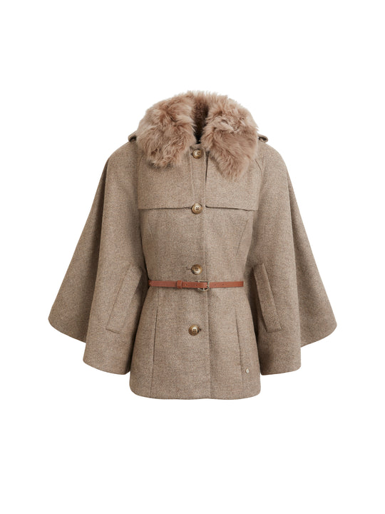 The Sienna - Women's Wool Cape - Taupe Herringbone with Removable Toscana Collar