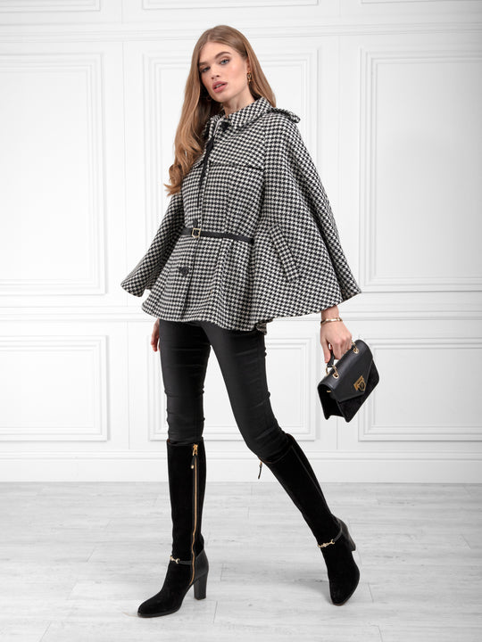The Sienna - Women's Wool Cape - Monochrome Houndstooth