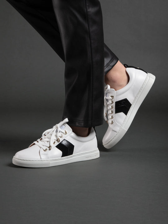 The Alexandra - Women's Trainers - White Leather & Black Croc Leather