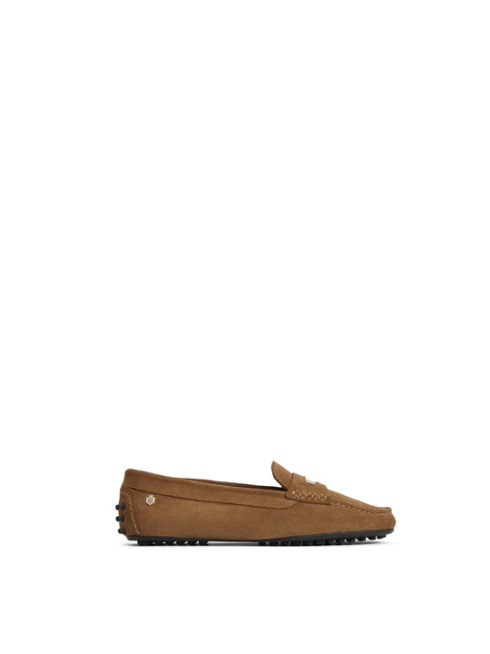 The Boston - Women's Driver - Tan Suede & Mint Webbing