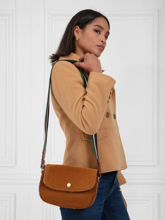 The Boston - Women's Cartridge Bag - Tan Suede & Striped Webbing