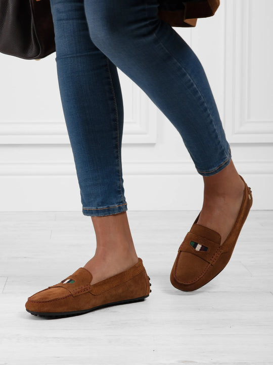 The Boston - Women's Driver - Tan Suede & Striped Webbing