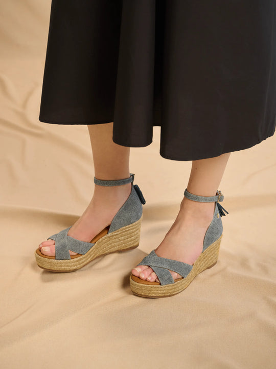 The Valencia - Women's Mid Wedge Sandals - Denim Suede