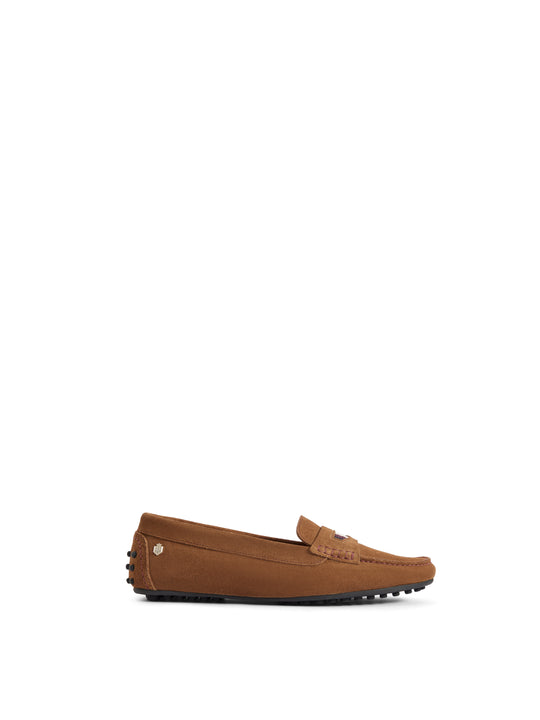 The Boston - Women's Driver - Tan Suede & Striped Webbing