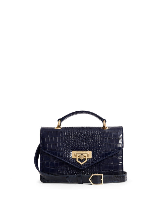 Women's Crossbody Bag - High Shine Navy Croc Leather