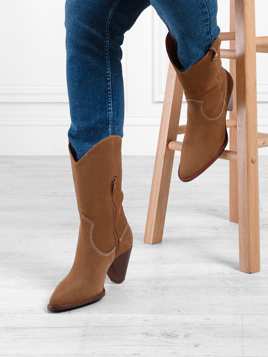 The Dakota - Women's Mid Calf Boots - Tan Suede