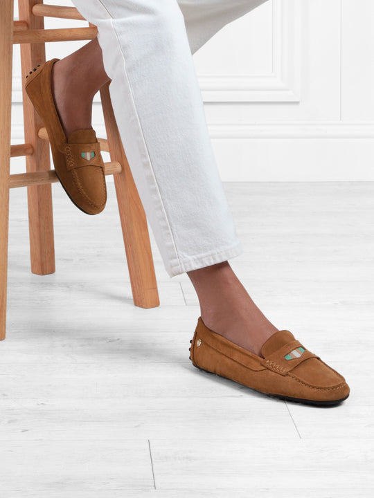 The Boston - Women's Driver - Tan Suede & Mint Webbing