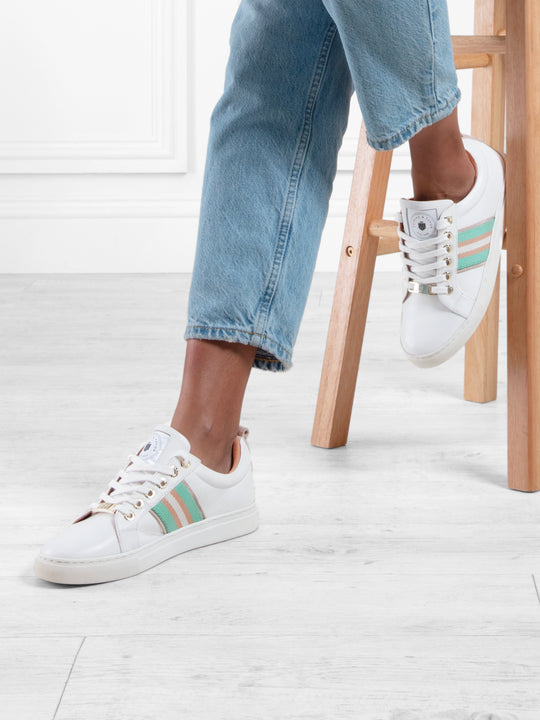 The Boston - Women's Trainers - White Leather & Mint & Stone Webbing